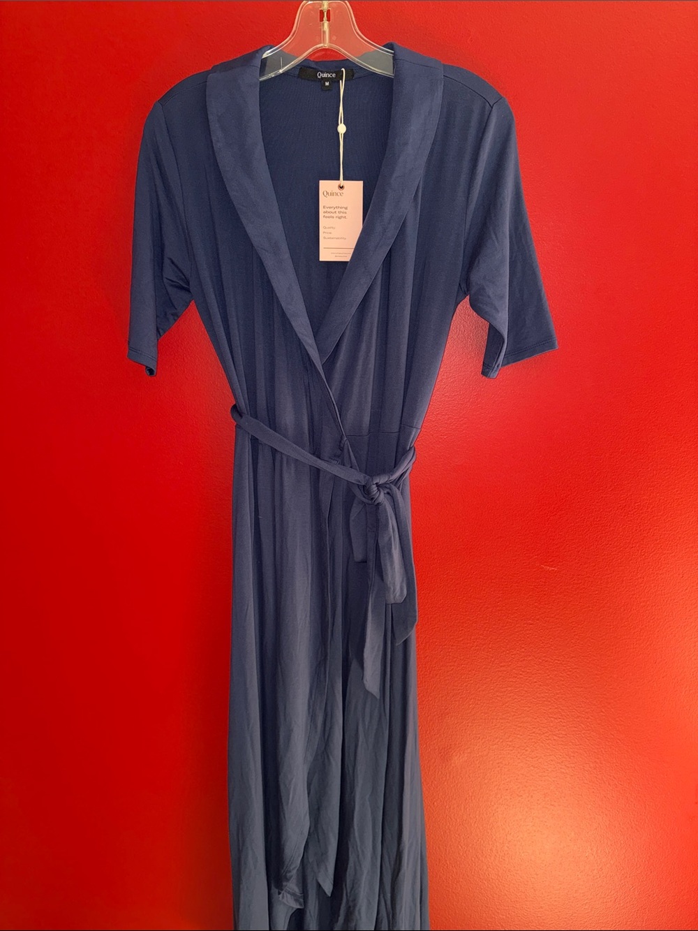 NWT Quince Navy Blue Tencel Jersey Wrap Dress w/ Short Sleeves & Maxi Length M